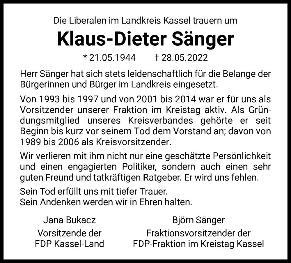  Traueranzeige für Klaus-Dieter Sänger vom 11.06.2022 aus HNA