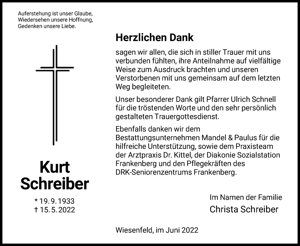  Traueranzeige für Kurt Schreiber vom 18.06.2022 aus HNA