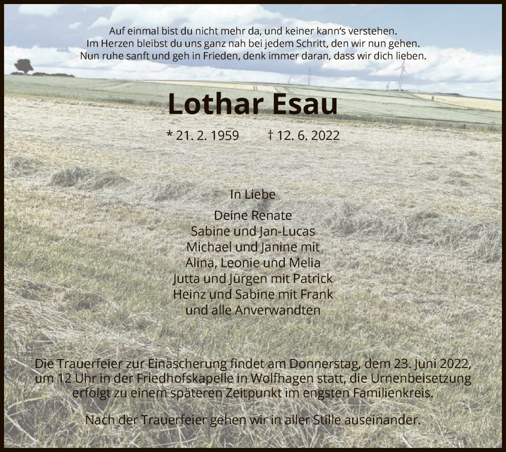  Traueranzeige für Lothar Esau vom 21.06.2022 aus HNA