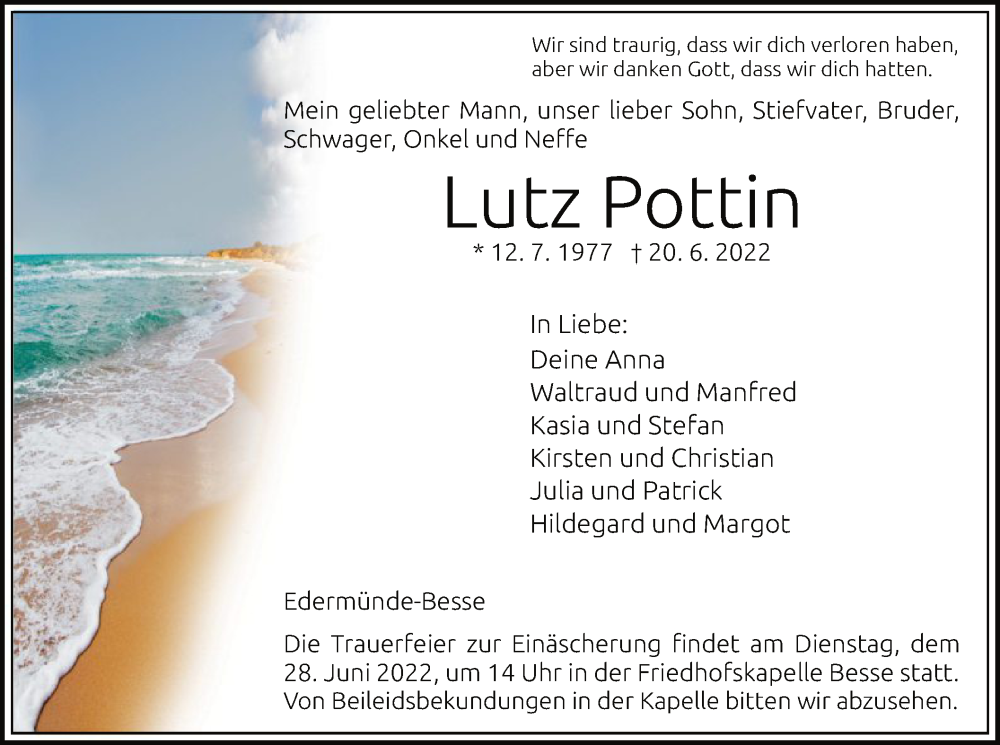  Traueranzeige für Lutz Pottin vom 23.06.2022 aus HNA