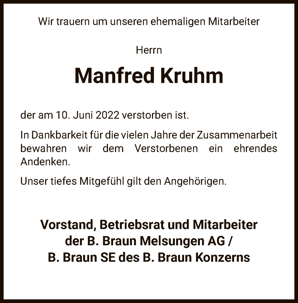  Traueranzeige für Manfred Kruhm vom 29.06.2022 aus HNA