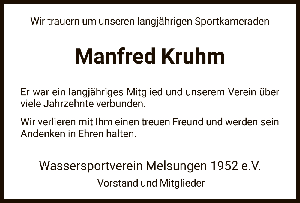  Traueranzeige für Manfred Kruhm vom 27.06.2022 aus HNA