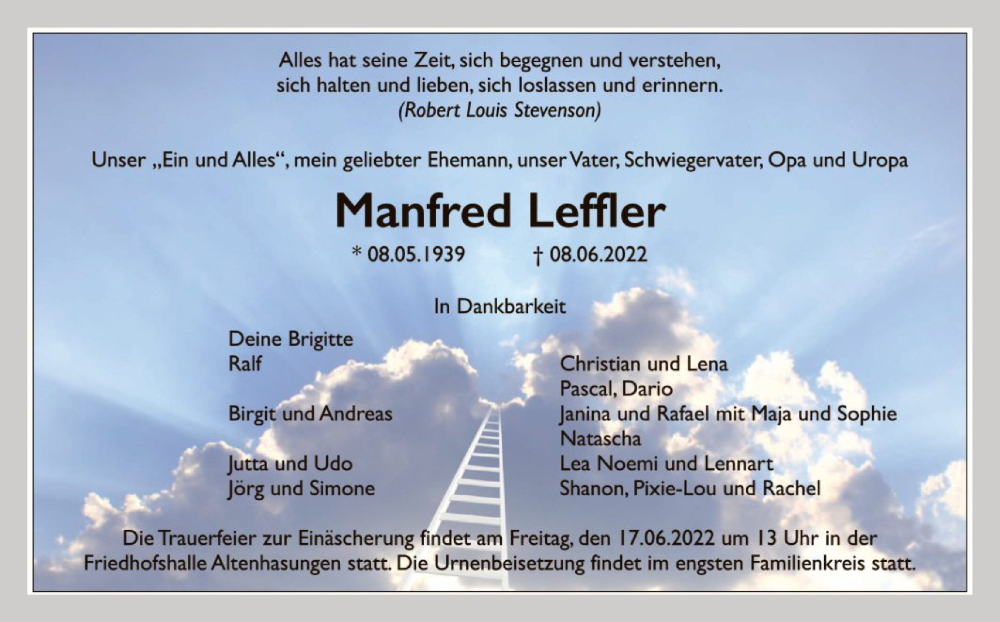  Traueranzeige für Manfred Leffler vom 11.06.2022 aus HNA