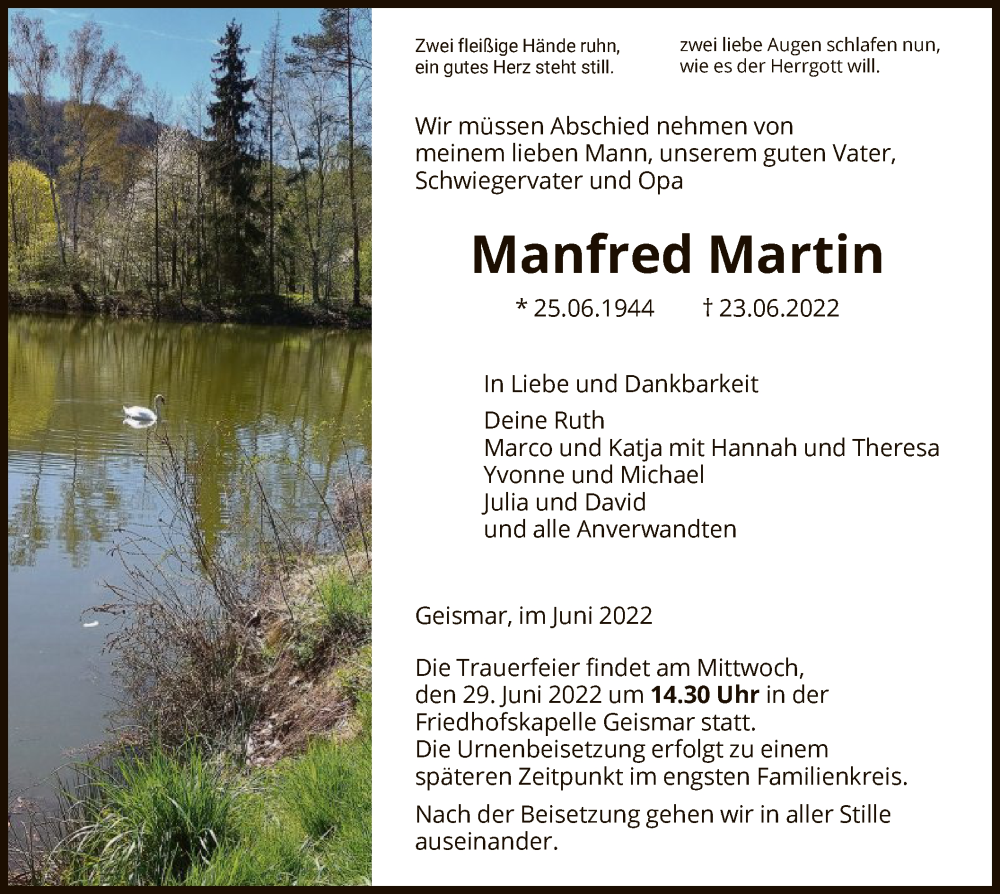  Traueranzeige für Manfred Martin vom 25.06.2022 aus HNA