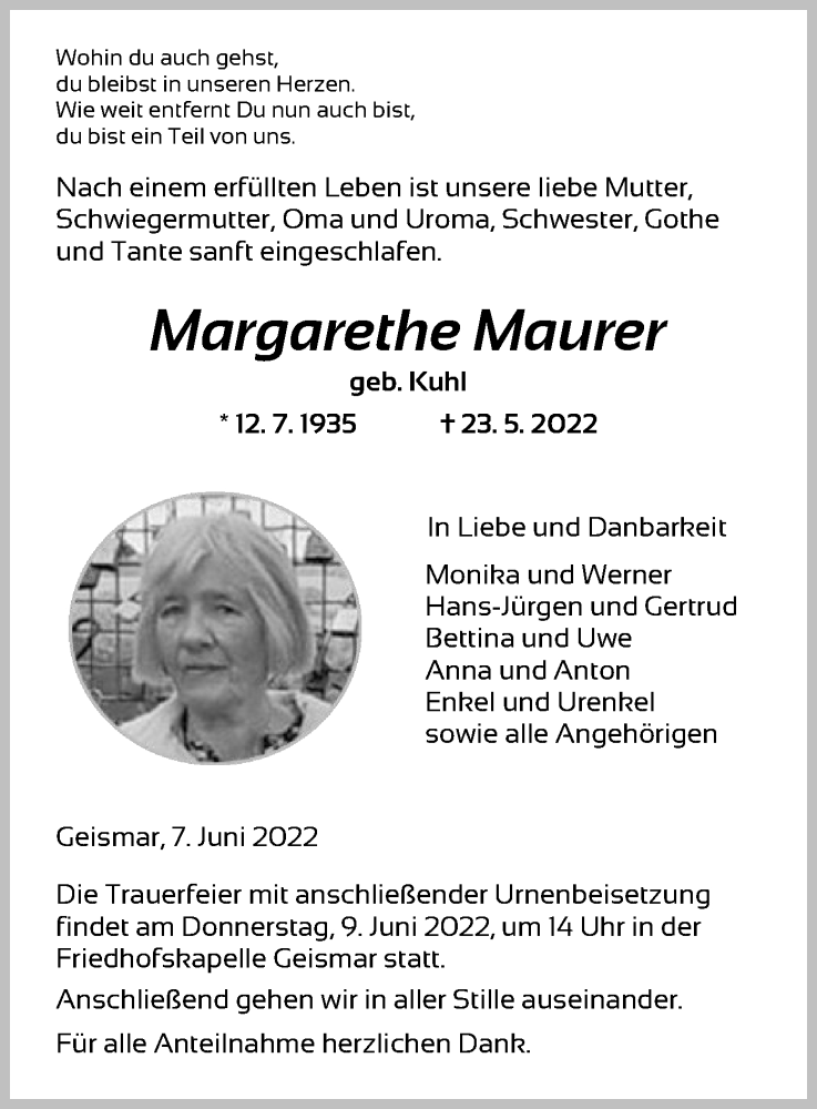  Traueranzeige für Margarethe Maurer vom 07.06.2022 aus HNA