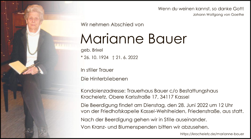  Traueranzeige für Marianne Bauer vom 25.06.2022 aus HNA