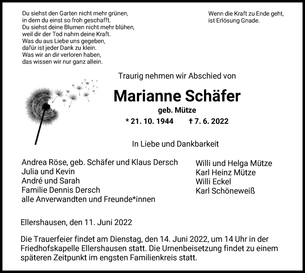  Traueranzeige für Marianne Schäfer vom 11.06.2022 aus HNA