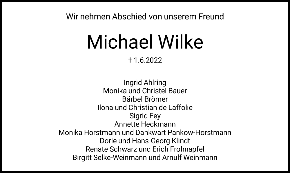  Traueranzeige für Michael Wilke vom 11.06.2022 aus HNA