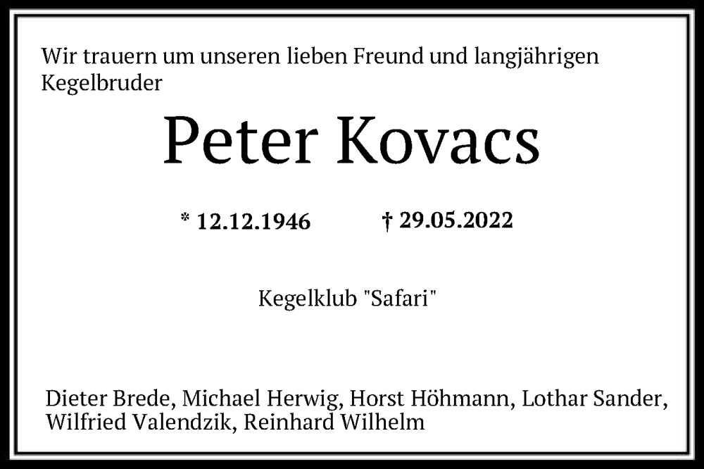  Traueranzeige für Peter Kovacs vom 04.06.2022 aus HNA