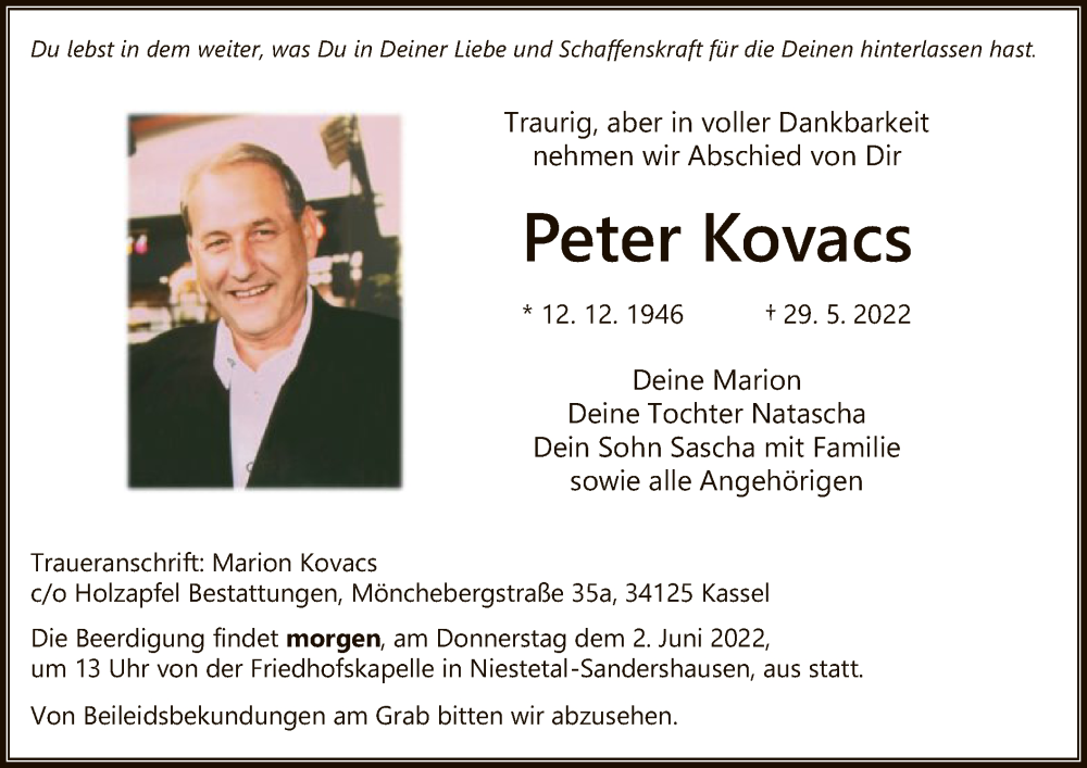  Traueranzeige für Peter Kovacs vom 01.06.2022 aus HNA
