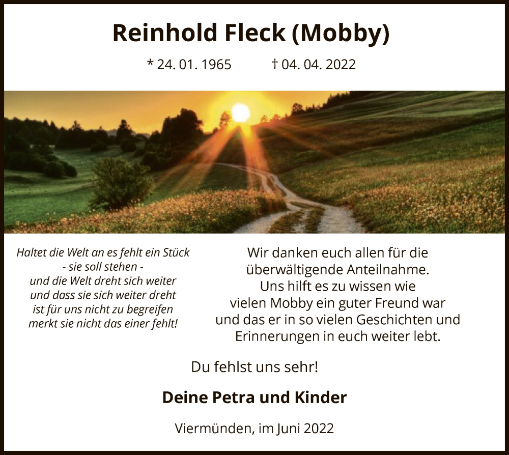  Traueranzeige für Reinhold Fleck vom 08.06.2022 aus HNA