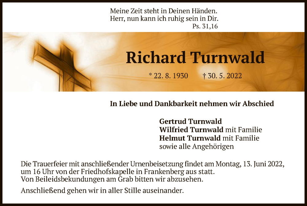  Traueranzeige für Richard Turnwald vom 09.06.2022 aus HNA