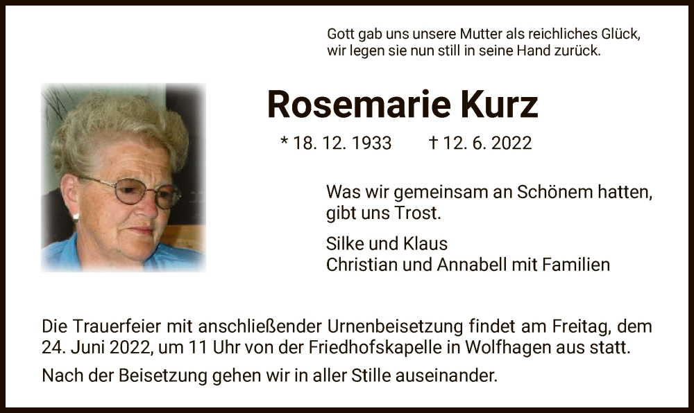  Traueranzeige für Rosemarie Kurz vom 18.06.2022 aus HNA