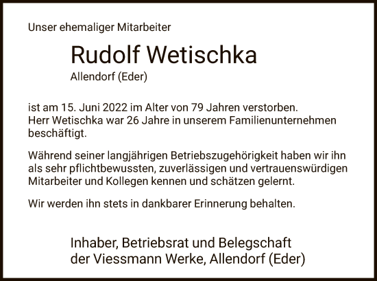 Traueranzeige von Rudolf Wetischka von HNA