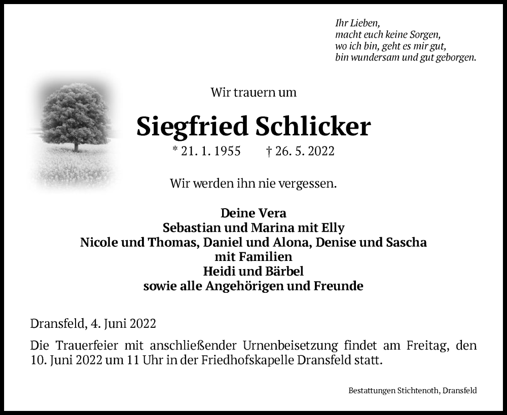  Traueranzeige für Siegfried Schlicker vom 04.06.2022 aus HNA