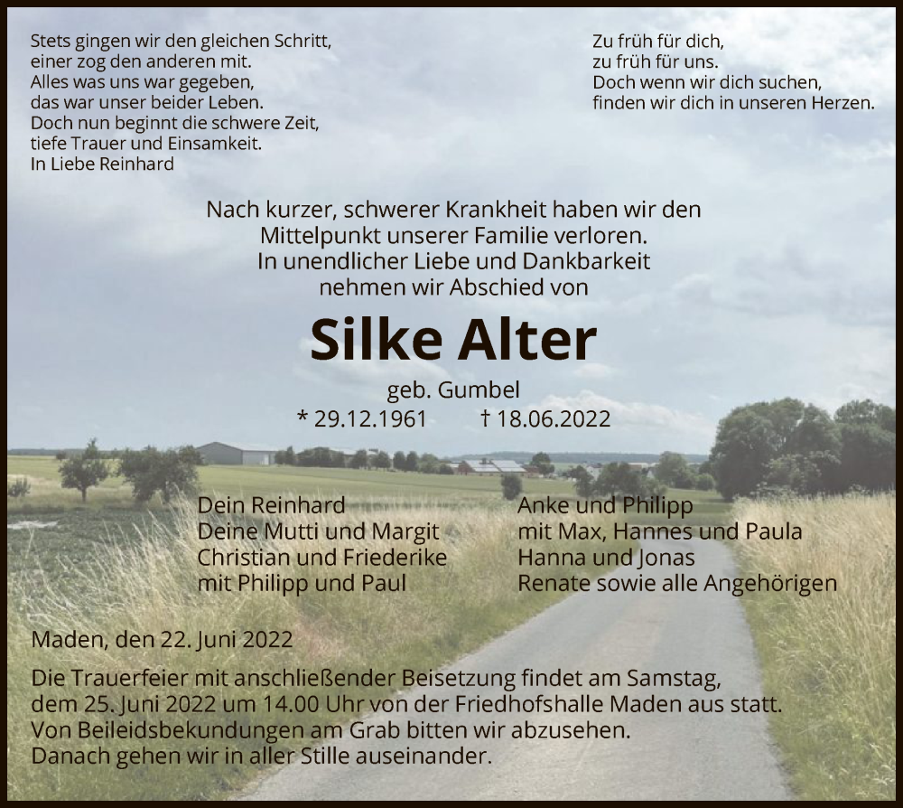  Traueranzeige für Silke Alter vom 22.06.2022 aus HNA