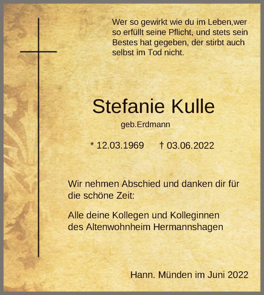  Traueranzeige für Stefanie Kulle vom 18.06.2022 aus HNA