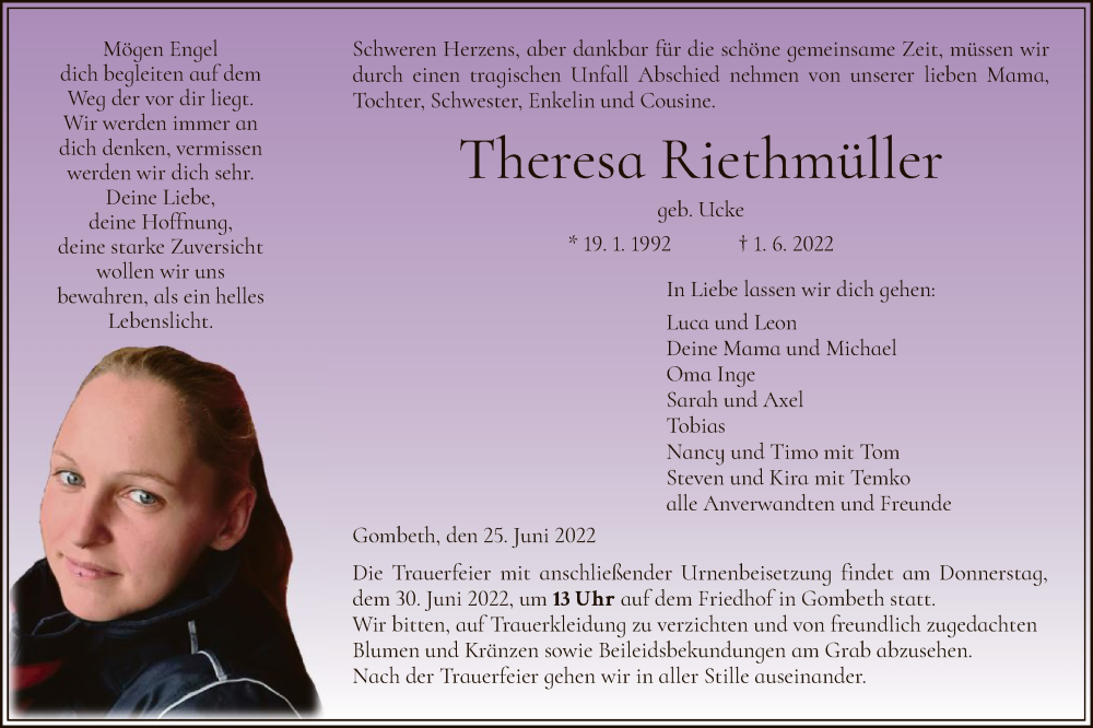  Traueranzeige für Theresa Riethmüller vom 25.06.2022 aus HNA
