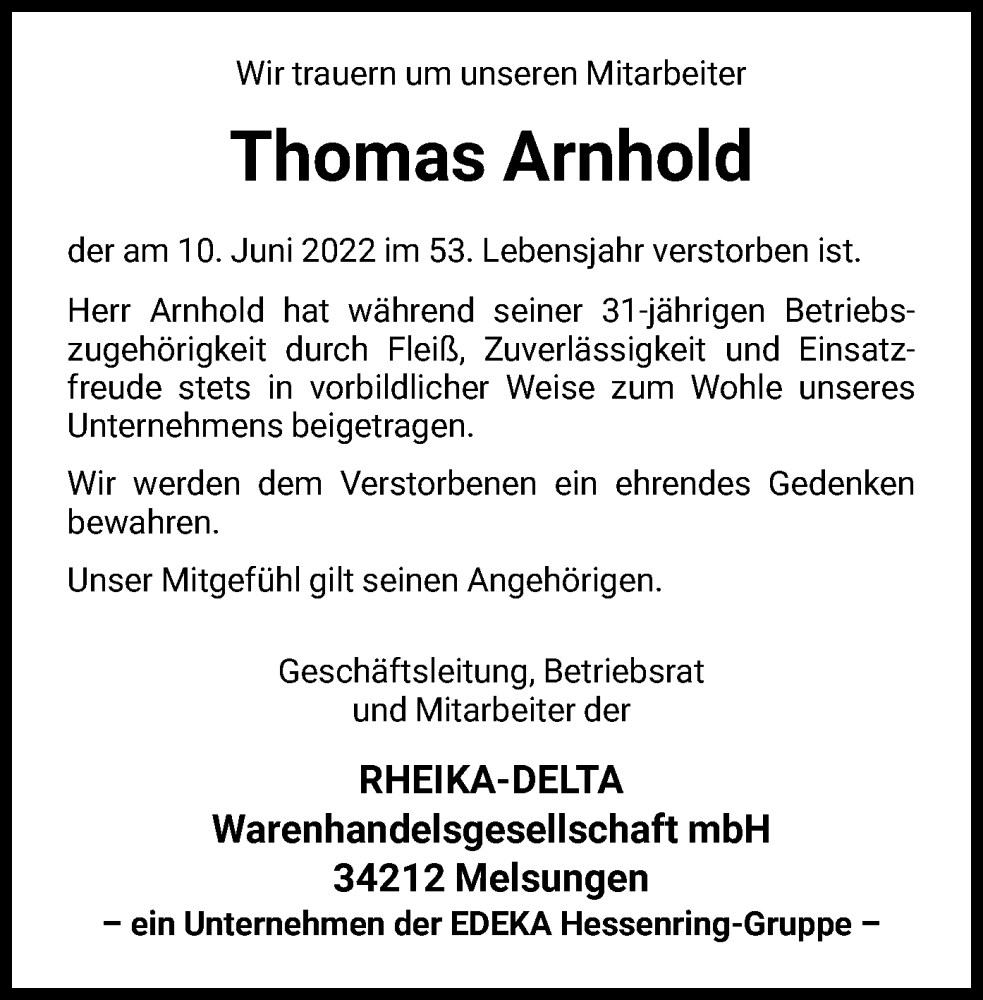  Traueranzeige für Thomas Arnhold vom 18.06.2022 aus HNA