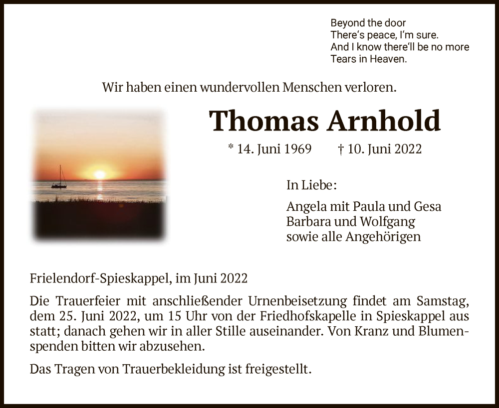  Traueranzeige für Thomas Arnhold vom 18.06.2022 aus HNA