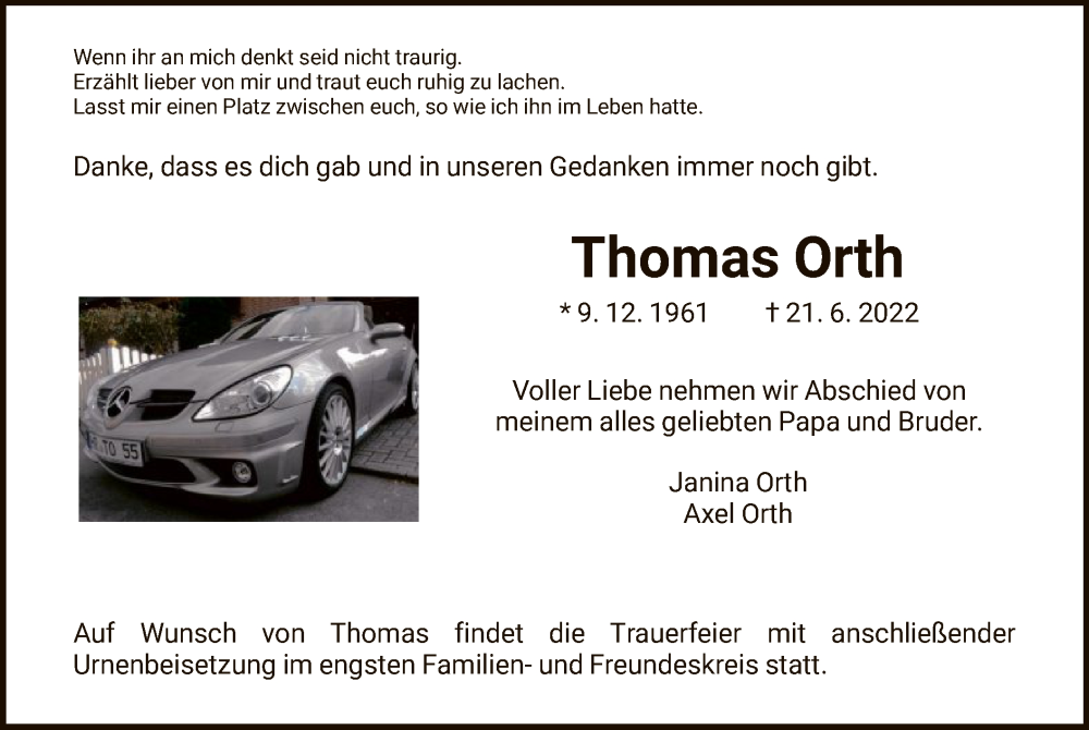  Traueranzeige für Thomas Orth vom 30.06.2022 aus HNA