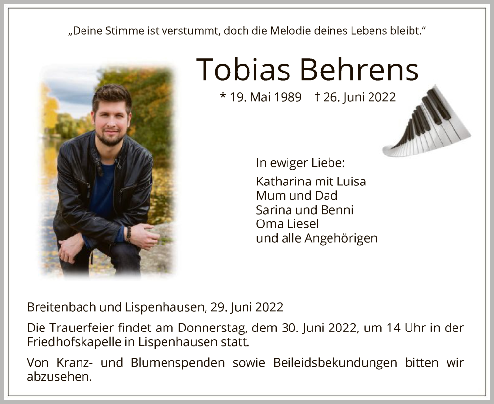  Traueranzeige für Tobias Behrens vom 29.06.2022 aus HNA