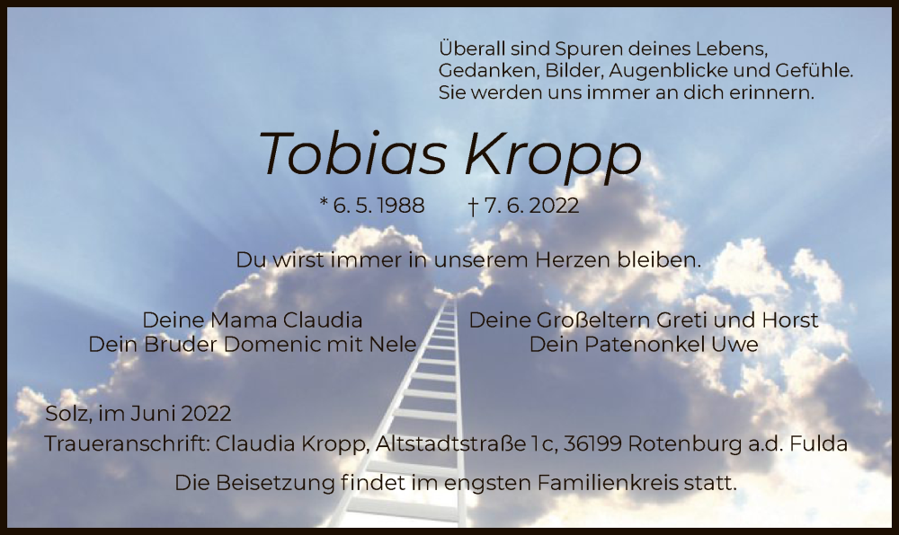  Traueranzeige für Tobias Kropp vom 11.06.2022 aus HNA
