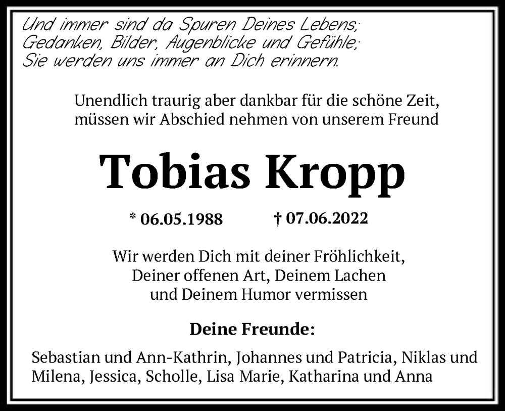  Traueranzeige für Tobias Kropp vom 25.06.2022 aus HNA