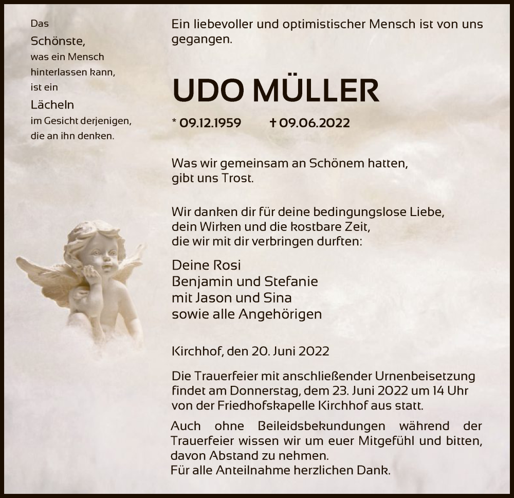  Traueranzeige für Udo Müller vom 20.06.2022 aus HNA