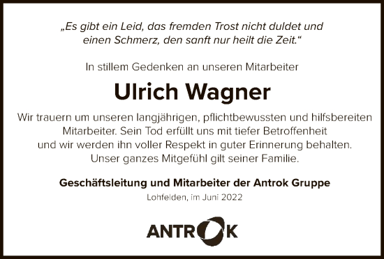 Traueranzeige von Ulrich Wagner von HNA