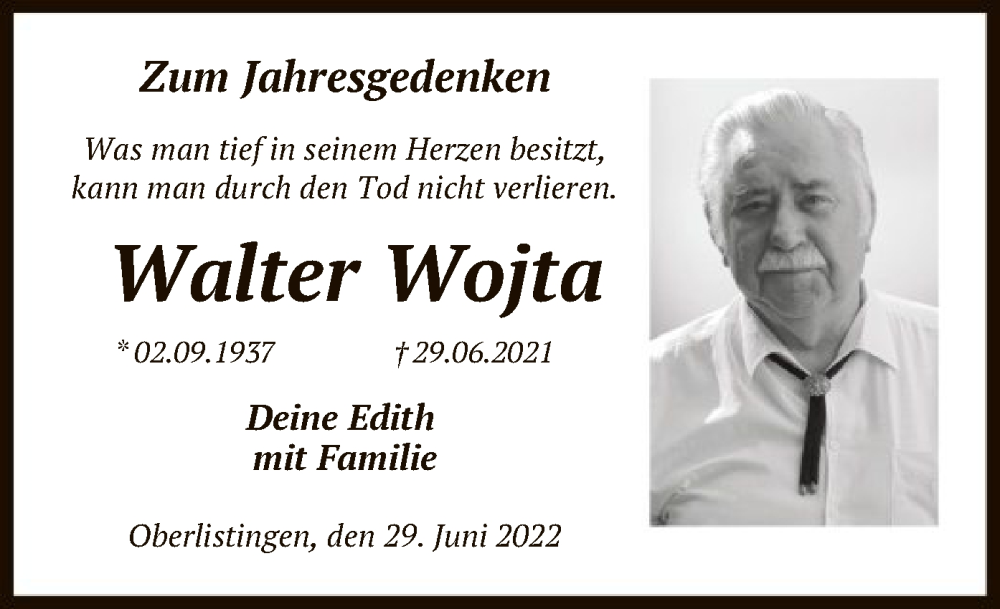  Traueranzeige für Walter Wojta vom 29.06.2022 aus HNA