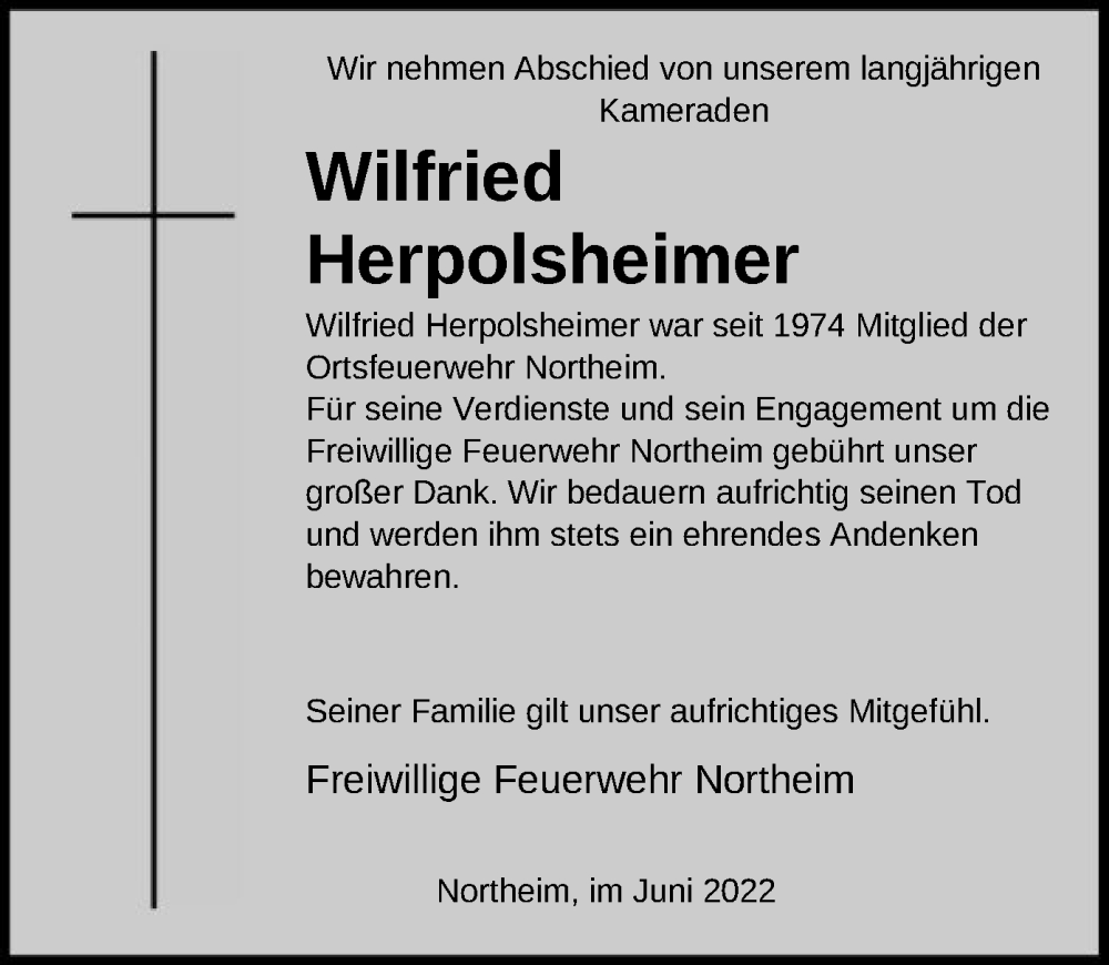  Traueranzeige für Wilfried Herpolsheimer vom 23.06.2022 aus HNA