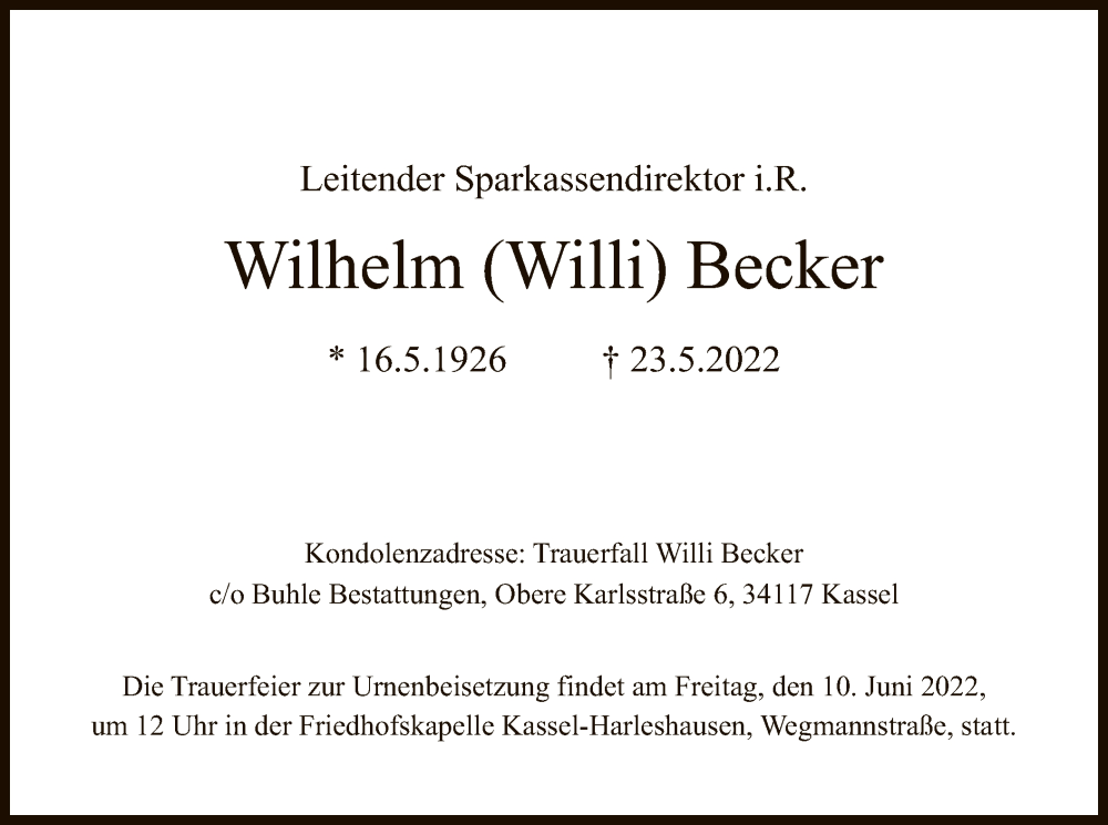  Traueranzeige für Wilhelm Becker vom 04.06.2022 aus HNA