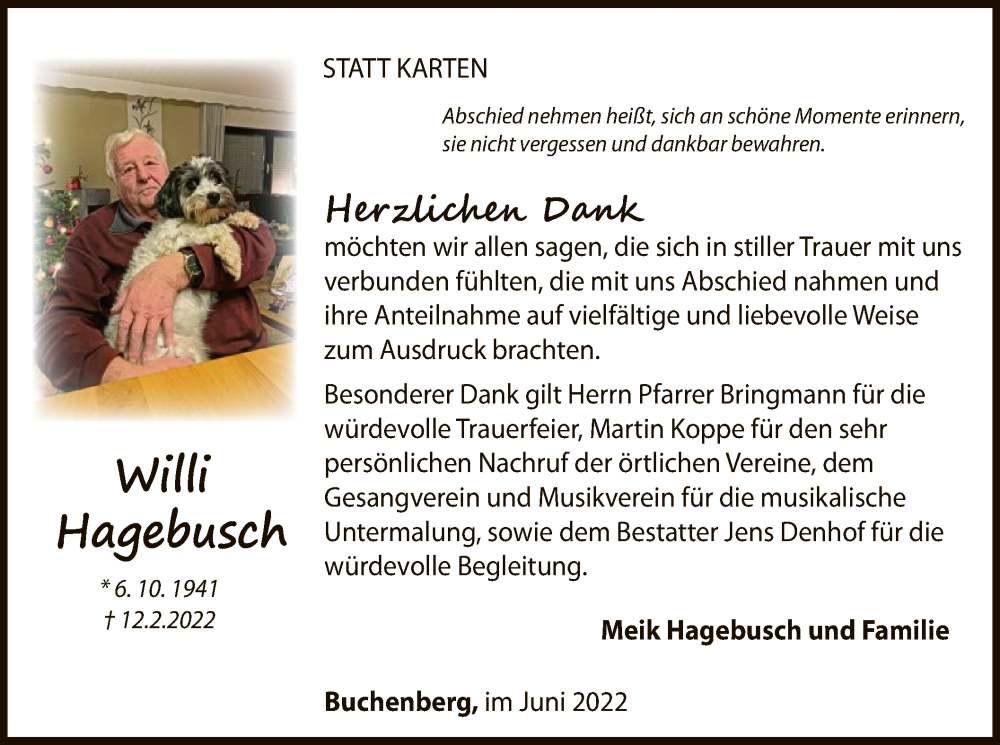 Traueranzeige für Willi Hagebusch vom 11.06.2022 aus WLZ