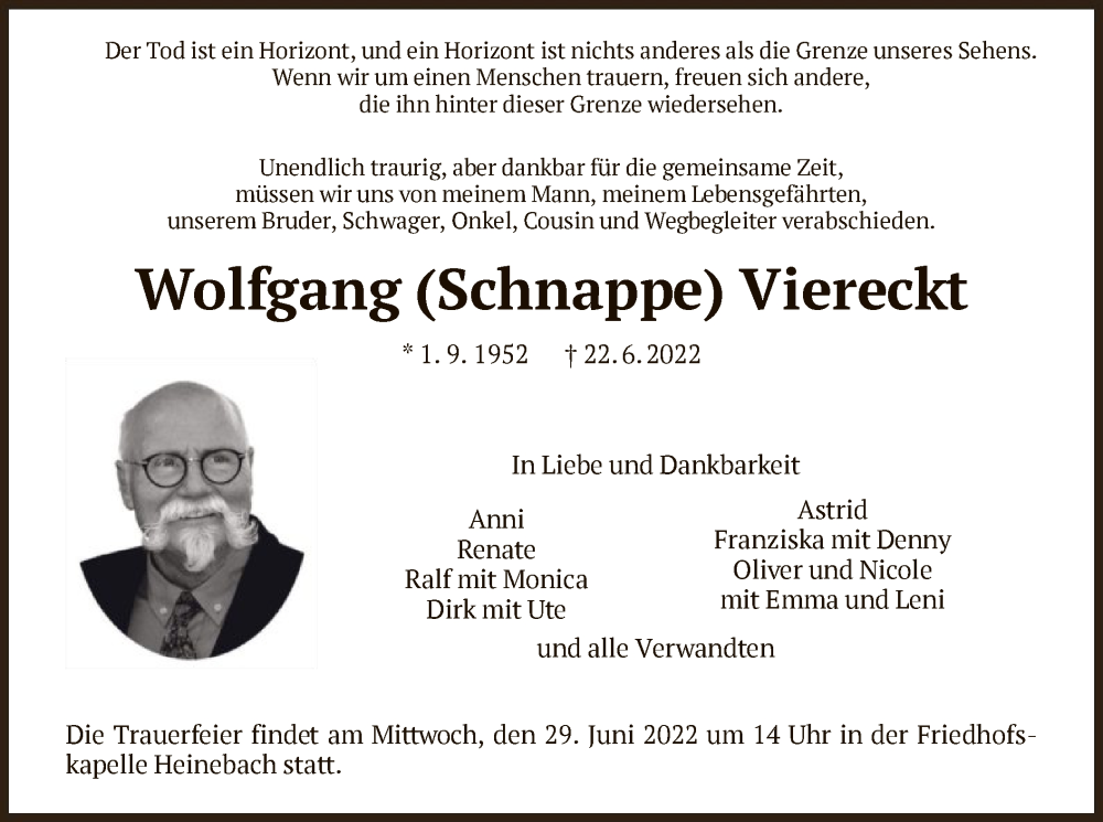  Traueranzeige für Wolfgang Viereckt vom 25.06.2022 aus HNA