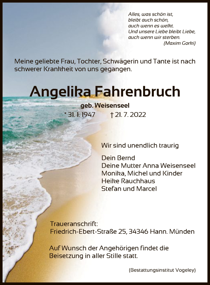  Traueranzeige für Angelika Fahrenbruch vom 30.07.2022 aus HNA