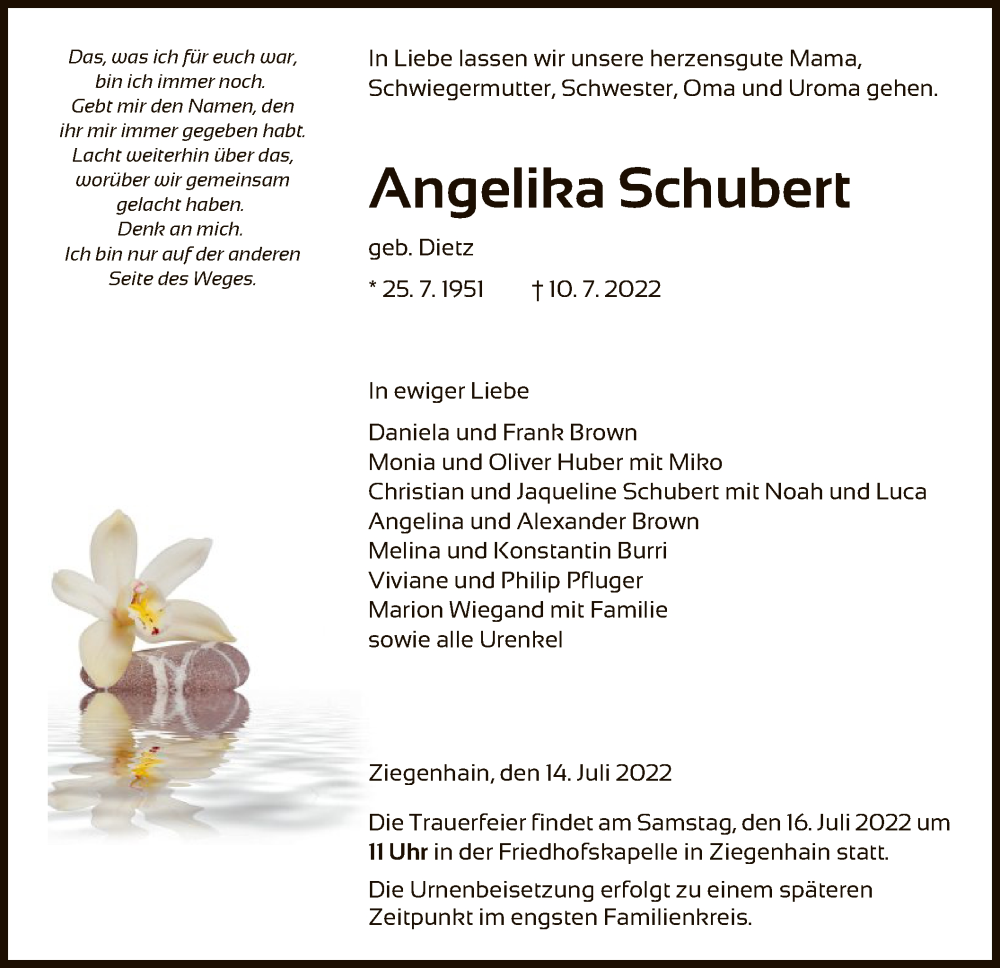  Traueranzeige für Angelika Schubert vom 14.07.2022 aus HNA