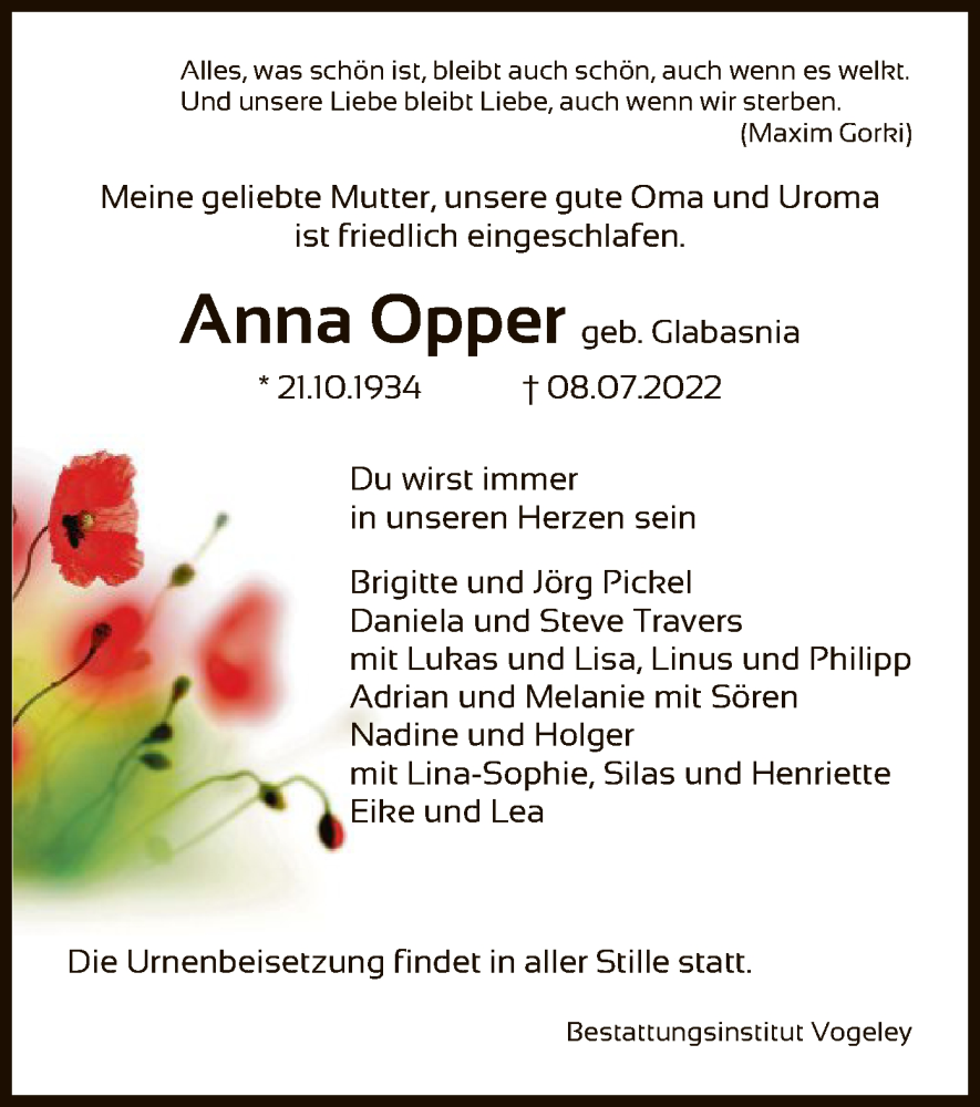  Traueranzeige für Anna Opper vom 16.07.2022 aus HNA