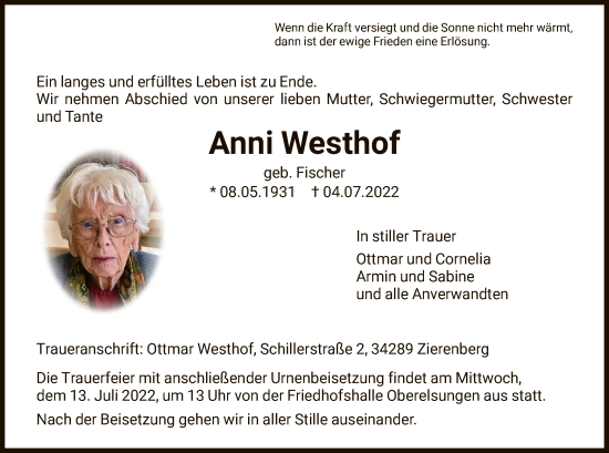 Traueranzeige von Anni Westhof von HNA