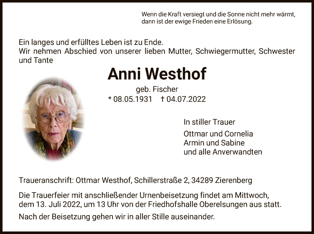  Traueranzeige für Anni Westhof vom 09.07.2022 aus HNA