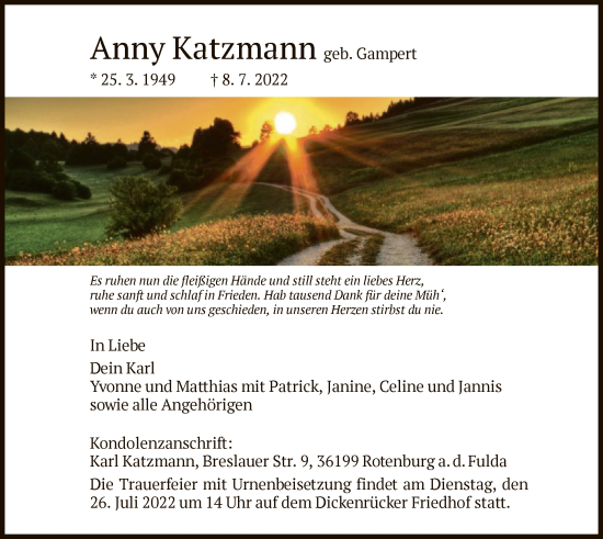 Traueranzeige von Anny Katzmann von HNA