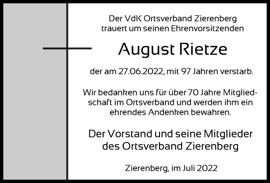 Traueranzeige von August Rietze von HNA