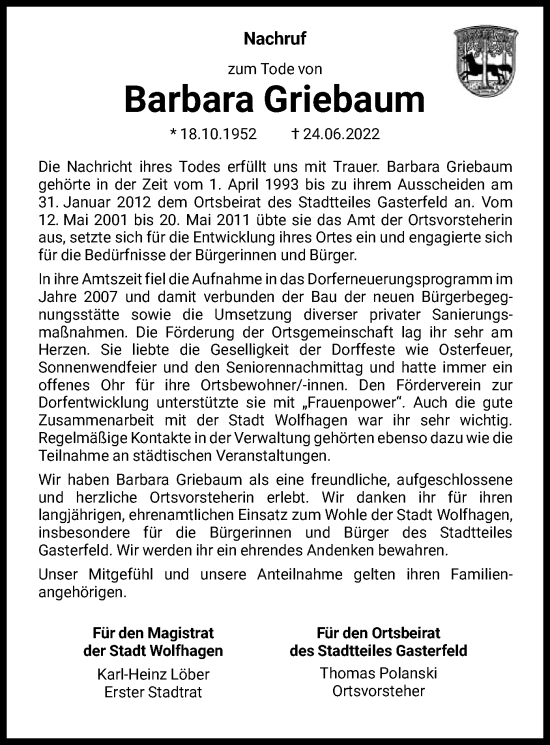 Traueranzeige von Barbara Griebaum von HNA
