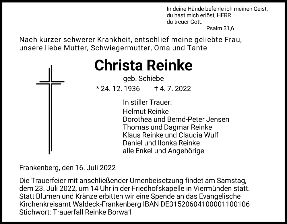 Traueranzeige für Christa Reinke vom 16.07.2022 aus HNA