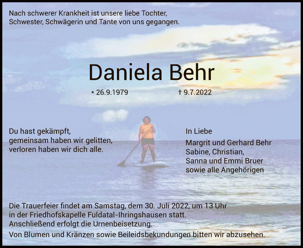  Traueranzeige für Daniela Behr vom 23.07.2022 aus HNA