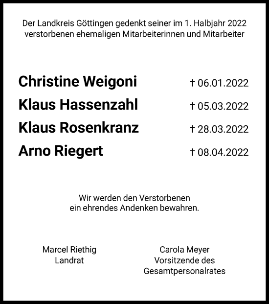Traueranzeige von Der Landkreis Göttingen gedenkt von HNA