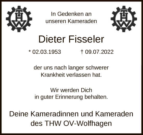 Traueranzeige von Dieter Fisseler von HNA
