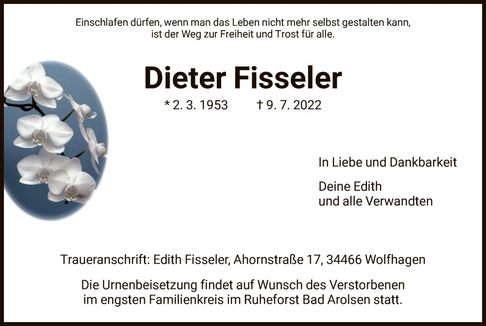  Traueranzeige für Dieter Fisseler vom 16.07.2022 aus HNA