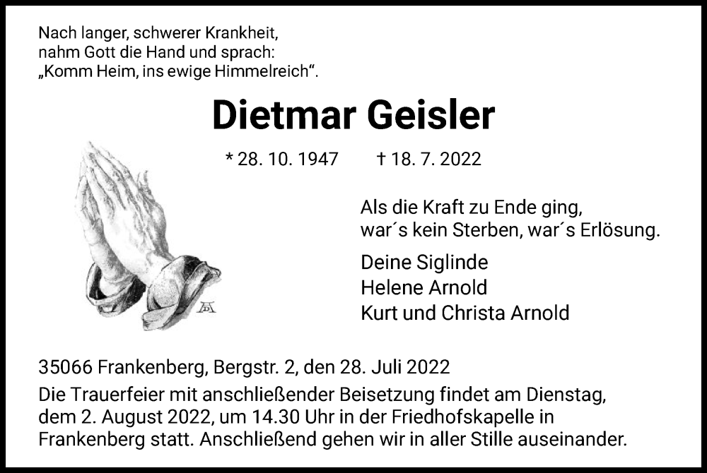  Traueranzeige für Dietmar Geisler vom 28.07.2022 aus HNA