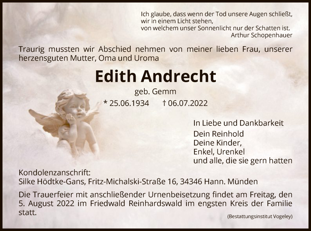  Traueranzeige für Edith Andrecht vom 16.07.2022 aus HNA